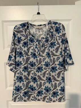 LOFT Blue & White Paisley Tie-Neck Blouse